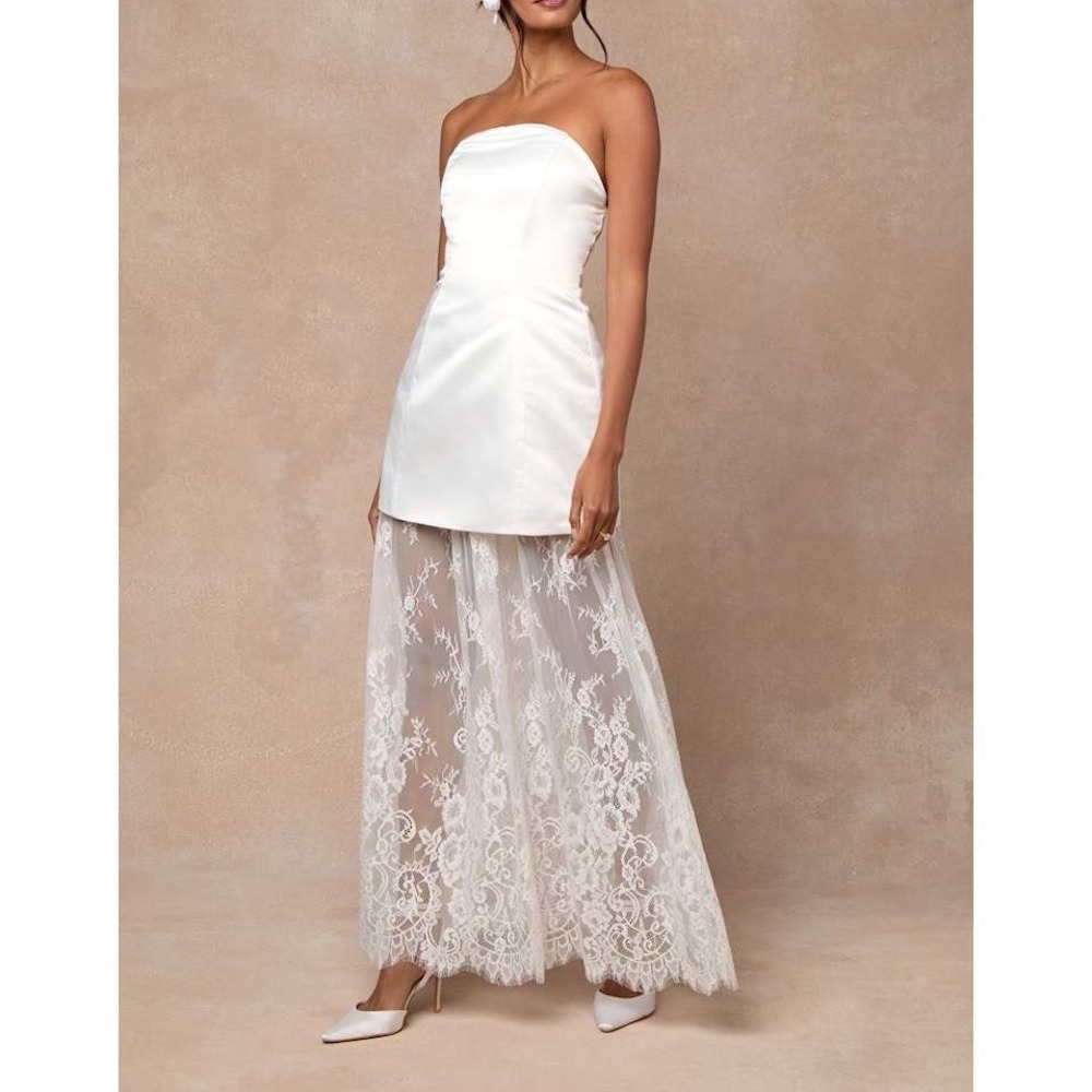 NWT Lulus Winslet White Satin Sheer Hem Strapless Maxi Dress Medium